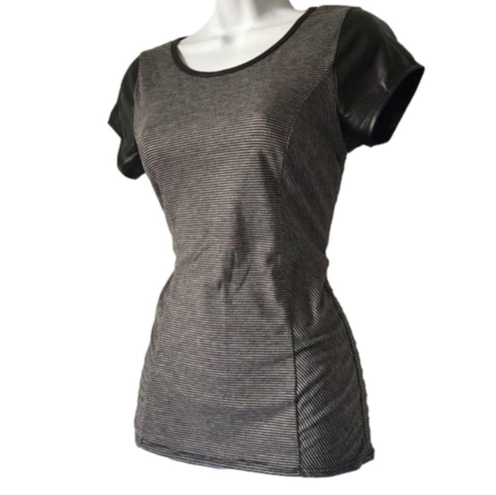 Kirra • Pleather Trim Short Sleeve Stripe T Shirt